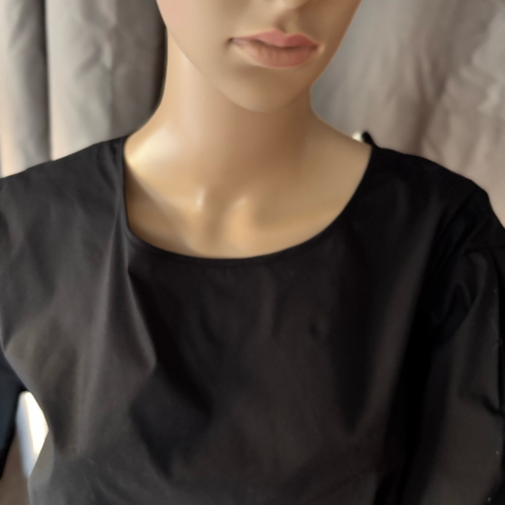 MELLODAY Black Blouse with Crew Neck Bell Sleeves and Tie Front - Picture 3 of 8